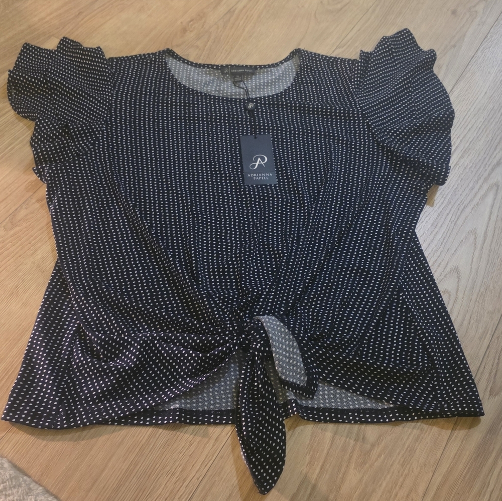 Adrianna Papell Navy Polka Dot Double Sleeve Tie Front Top Size XL